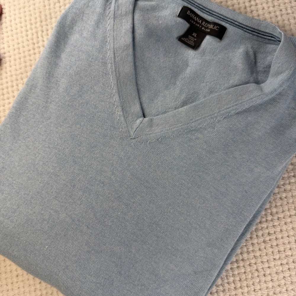 Banana Republic Luxury Blend Silk Cotton Cashmere V-Neck Sweater Light Blue XL